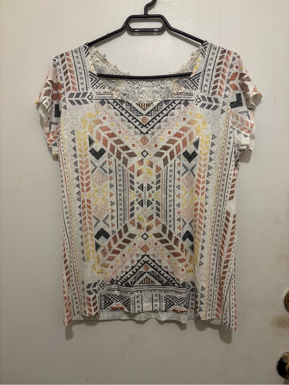 Boho Geometric Print Crochet Lace Top | Aztec Inspired Short Sleeve Blouse